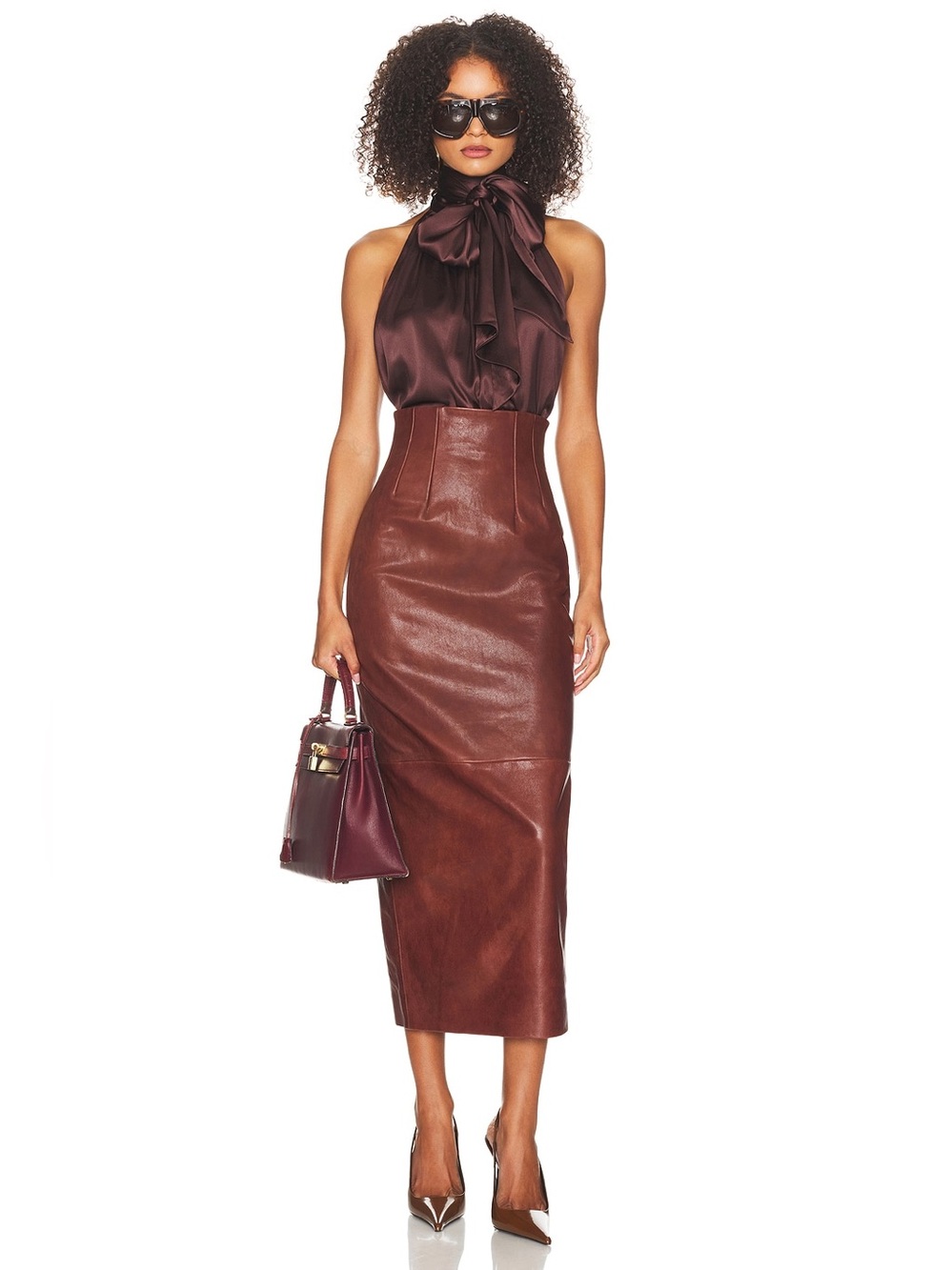 Helsa FWRD Revolve The Svelte Genuine Leather Midi Skirt Cognac